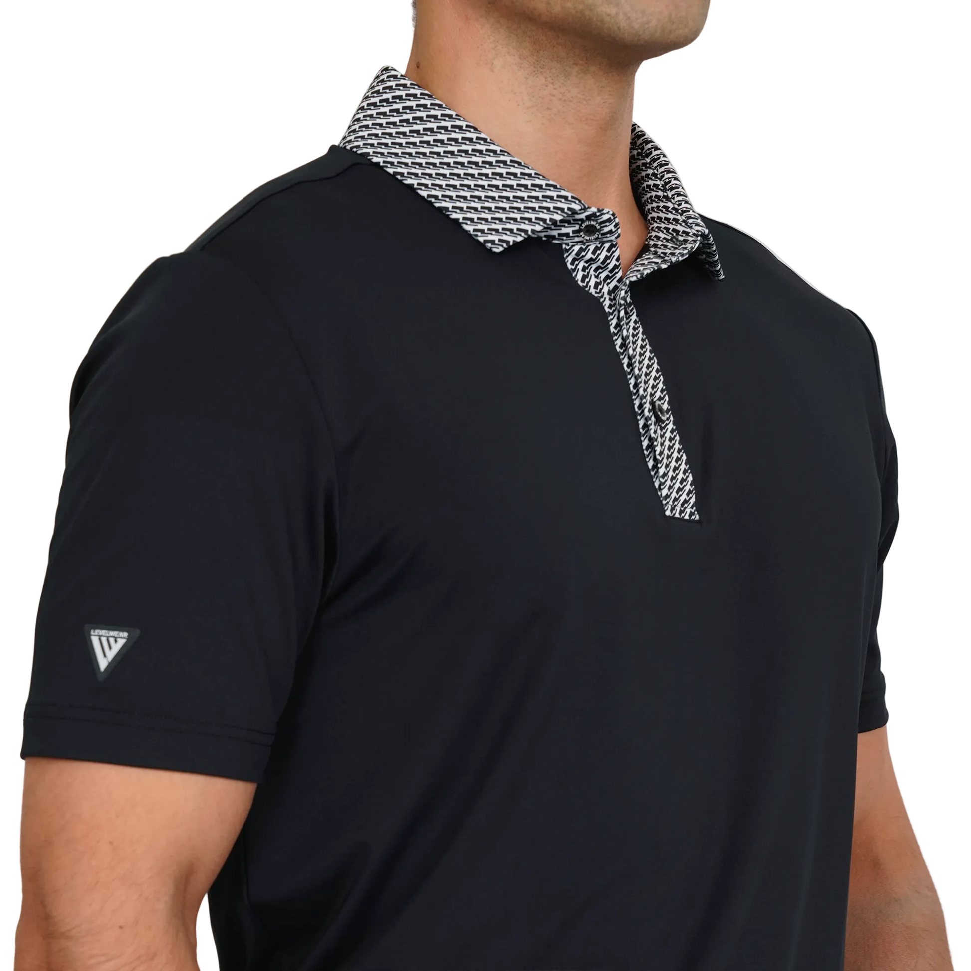 Black Levelwear polo shirt with patterned collar worn by a person on a plain background