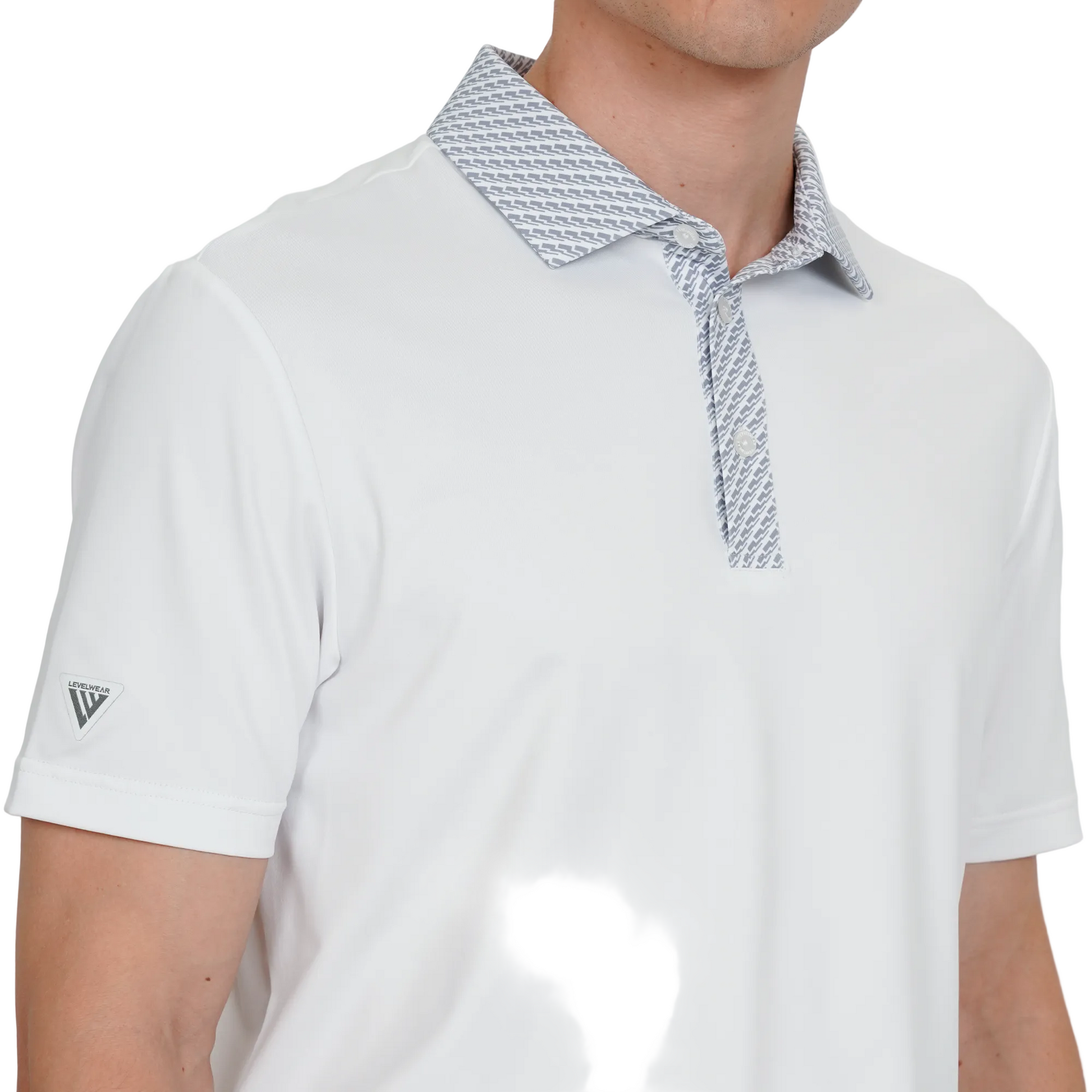 White Levelwear polo shirt with patterned collar on a plain background