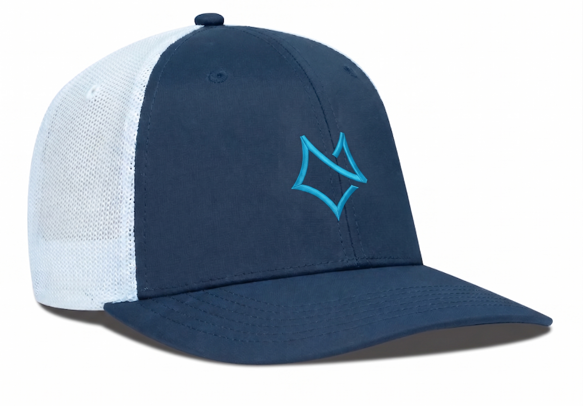 Blue and white Levelwear cap with a logo on a white background