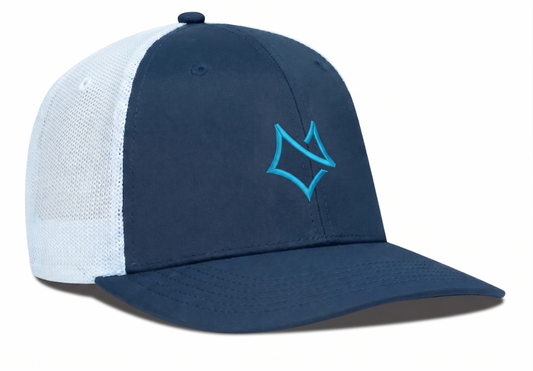 Blue and white Levelwear cap with a logo on a white background