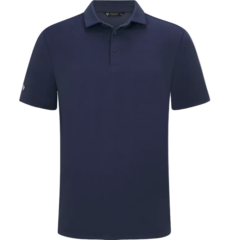 Navy blue Levelwear polo shirt on a white background
